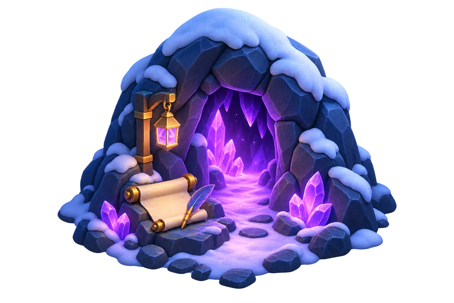 Caverna roxa com pergaminho e pena